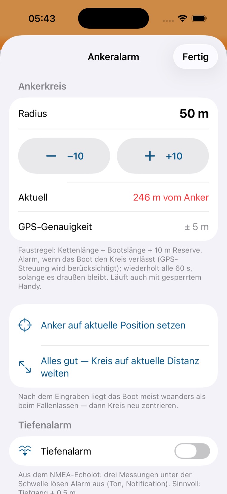 Ankeralarm-Sheet mit Radius, aktueller Distanz zum Anker und Aktionen