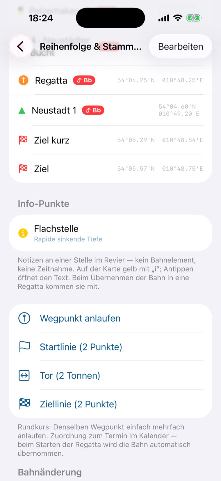Liste weiter unten mit den Zielen, dem Info-Punkt Flachstelle und den Zeilen zum Hinzufügen