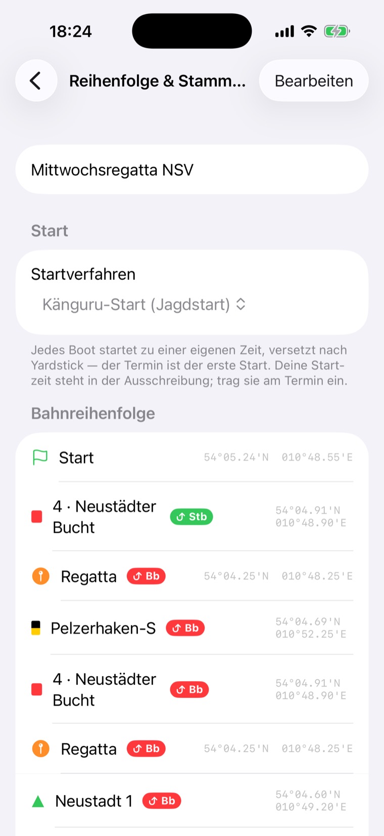 Reihenfolge & Stammdaten der Bahn mit Name, Startverfahren und Bahnreihenfolge samt Rundungs-Chips