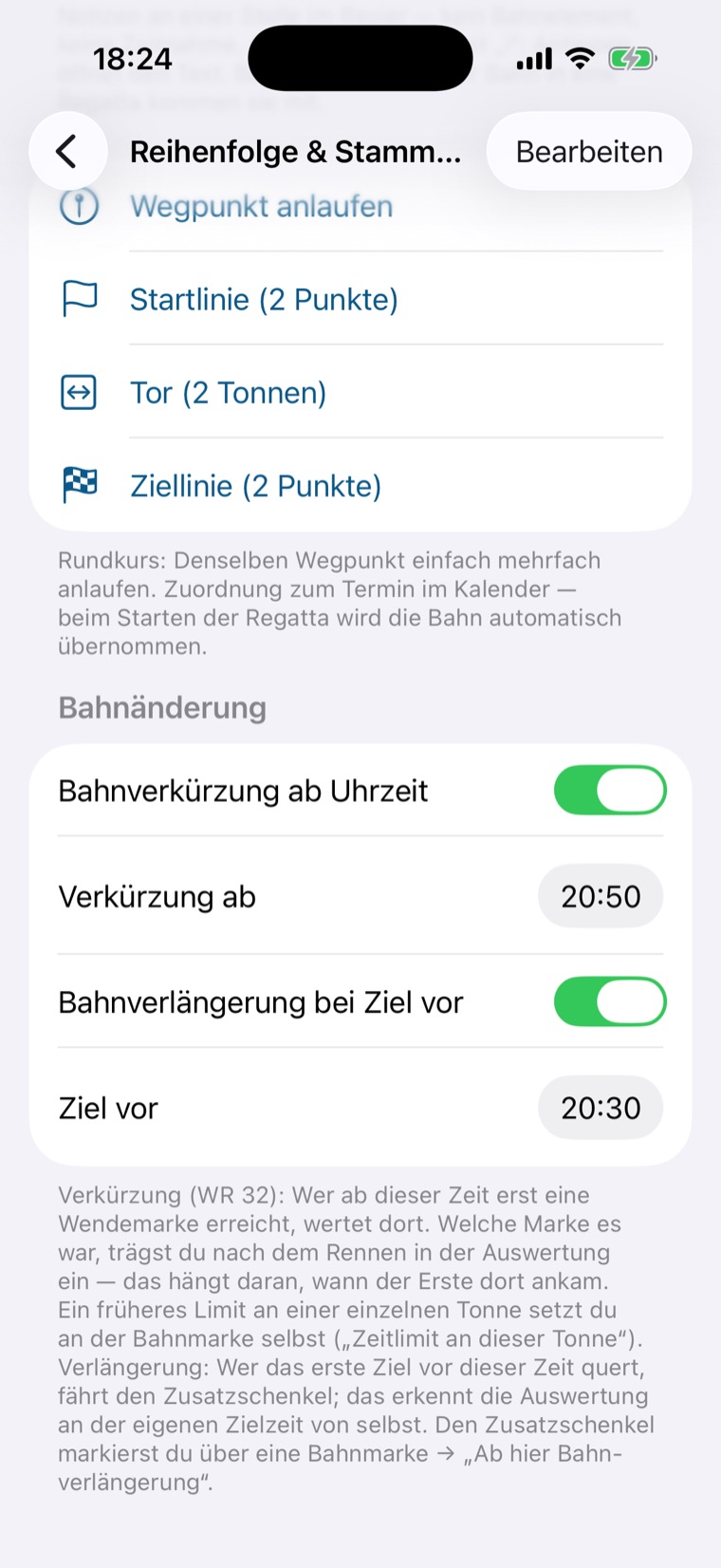 Abschnitt Bahnänderung mit Bahnverkürzung ab 20:50 und Bahnverlängerung bei Ziel vor 20:30