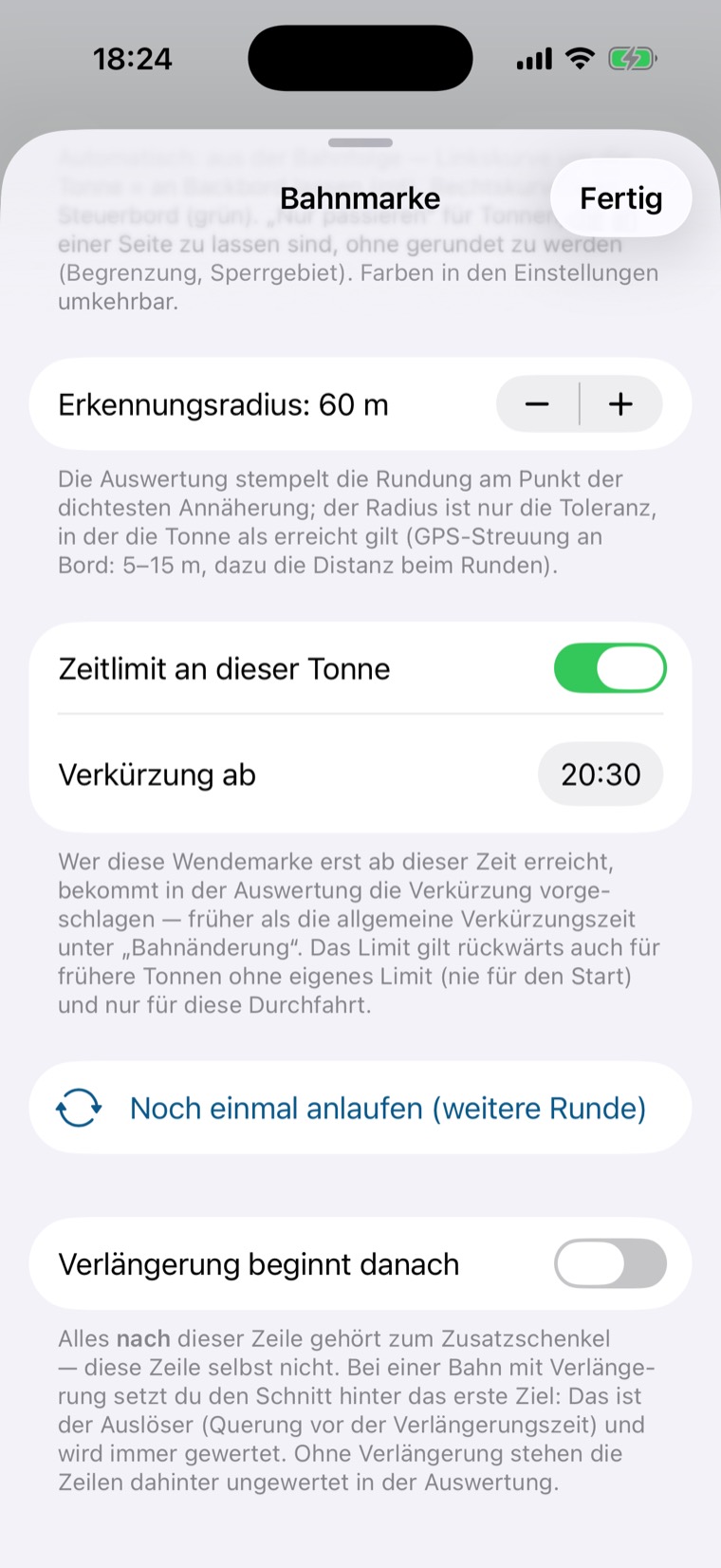 Unterer Teil des Blatts Bahnmarke mit Noch einmal anlaufen und Verlängerung beginnt danach