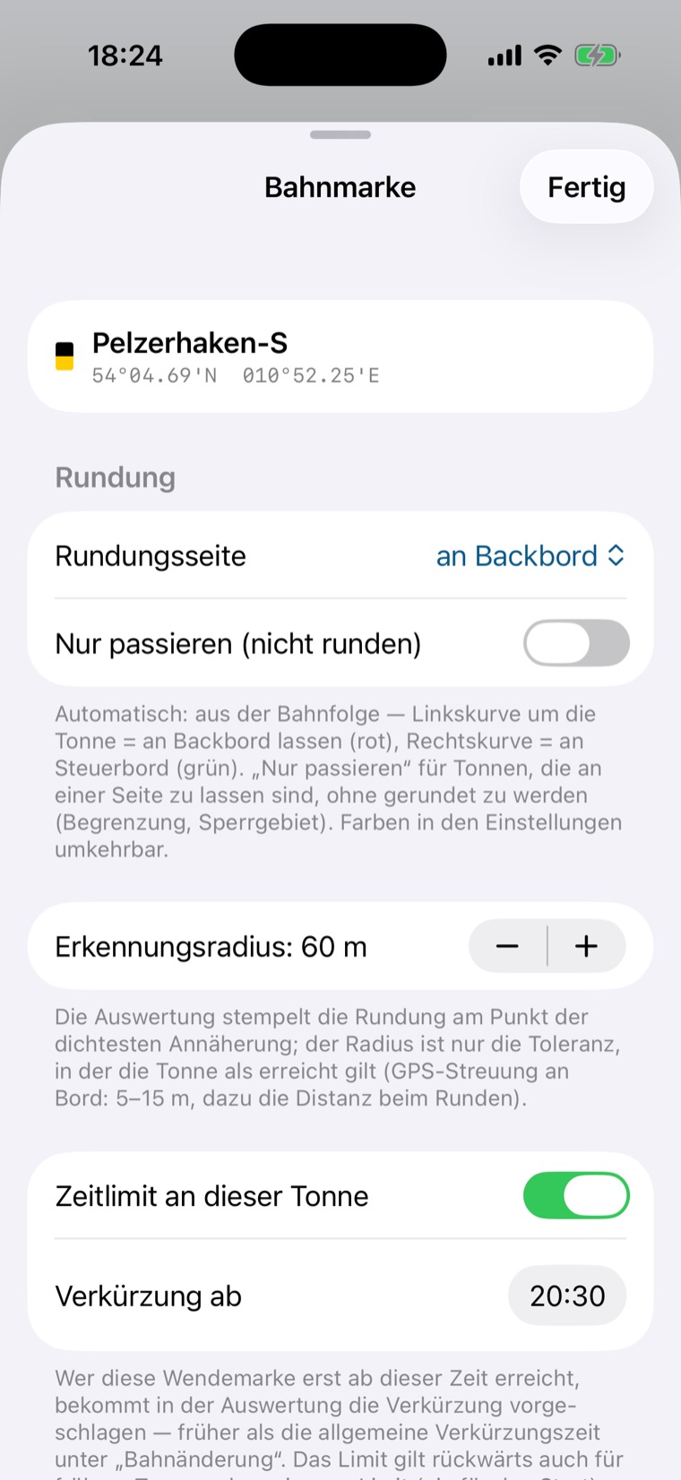 Blatt Bahnmarke Pelzerhaken-S mit Rundungsseite, Erkennungsradius und Zeitlimit