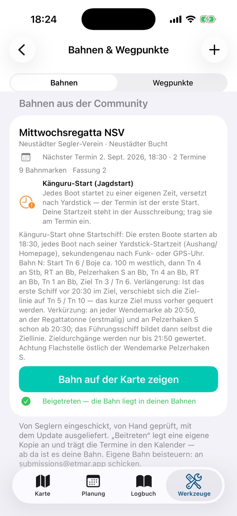 Community-Bahn nach dem Beitreten mit Knopf Bahn auf der Karte zeigen und Zeile Beigetreten