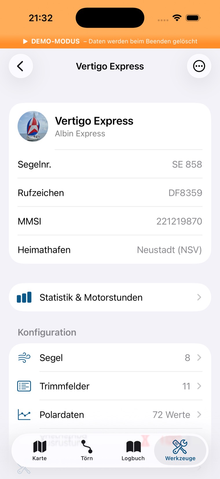 Boot-Übersicht mit Stammdaten, Statistik und Konfiguration