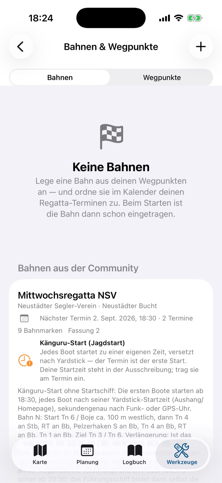 Bahnen & Wegpunkte ohne eigene Bahn, darunter die Community-Bahn Mittwochsregatta NSV