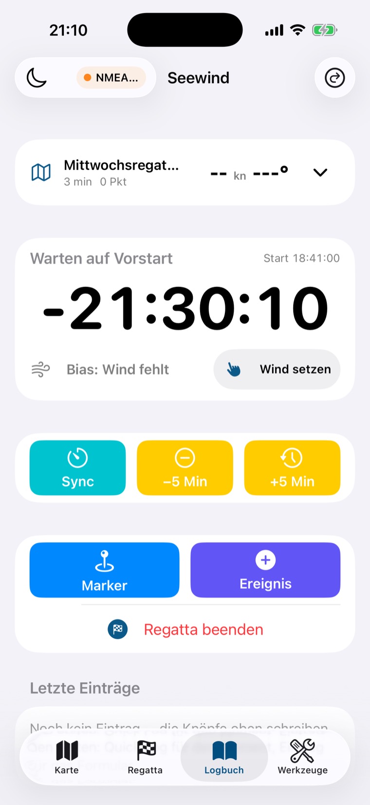 Logbuch im Vorstart mit großem Countdown, Bias-Zeile, Sync und Plus-Minus-5-Minuten sowie den Knöpfen Marker und Ereignis
