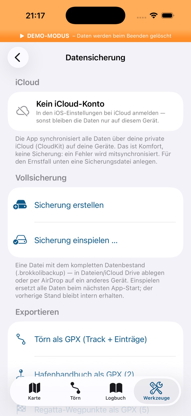 Datensicherung mit iCloud-Status, Vollsicherung und GPX-Exporten