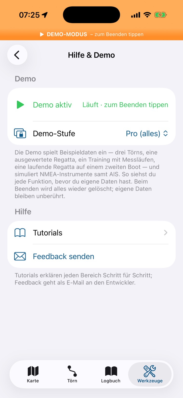 Hilfe und Demo bei laufender Demo: Demo aktiv, Demo-Stufe Pro, Tutorials, Feedback senden