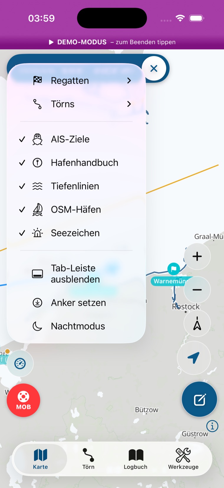 Leuchtturm-Menü der Hauptkarte mit Ebenen-Häkchen