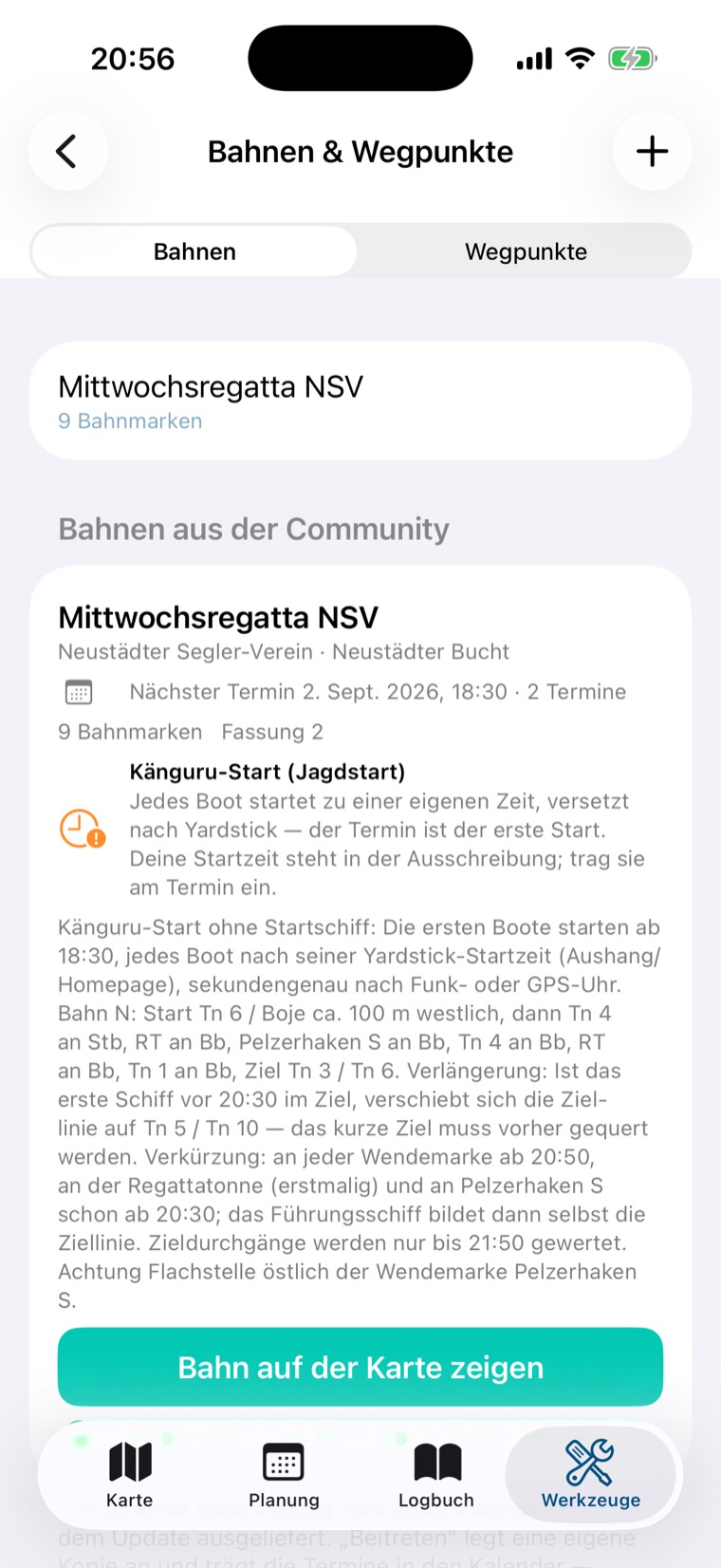 Liste Bahnen mit der eigenen Kopie Mittwochsregatta NSV über der Community-Sektion