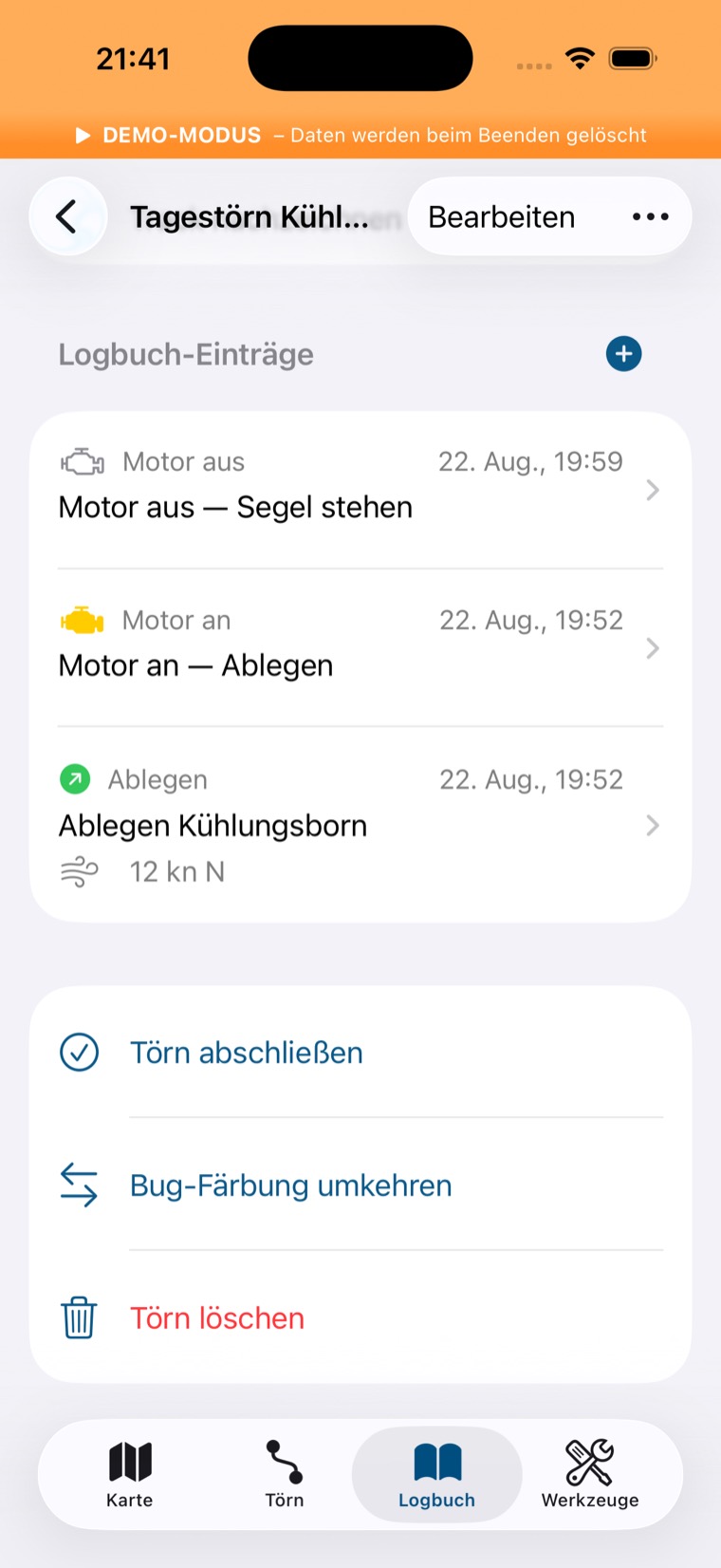 Törn-Detail mit Logbuch-Einträgen: Motor aus, Motor an, Ablegen mit Windangabe; darunter Törn abschließen und Bug-Färbung umkehren