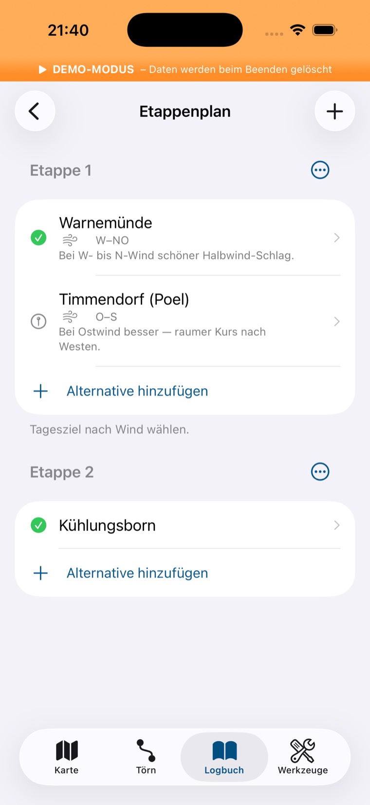 Etappenplan eines Törns mit zwei Etappen und Ziel-Optionen samt Windsektor
