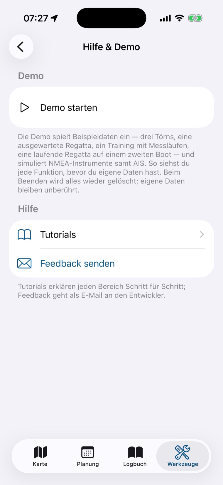 Seite Hilfe und Demo mit Demo starten, Tutorials und Feedback senden