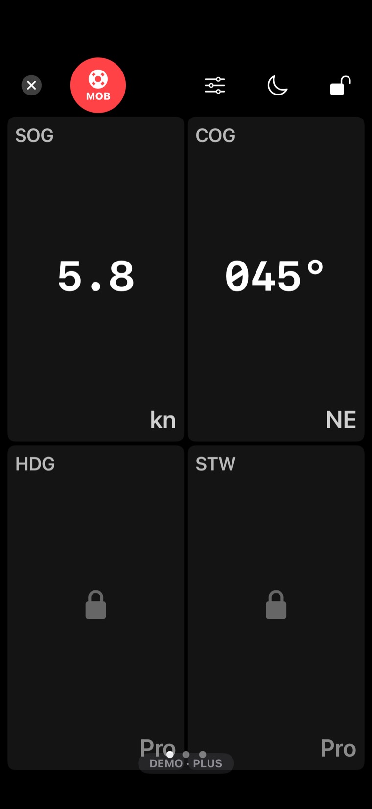 Plus-Dashboard mit SOG und COG aus dem GPS, darunter HDG und STW mit der Marke Pro · NMEA