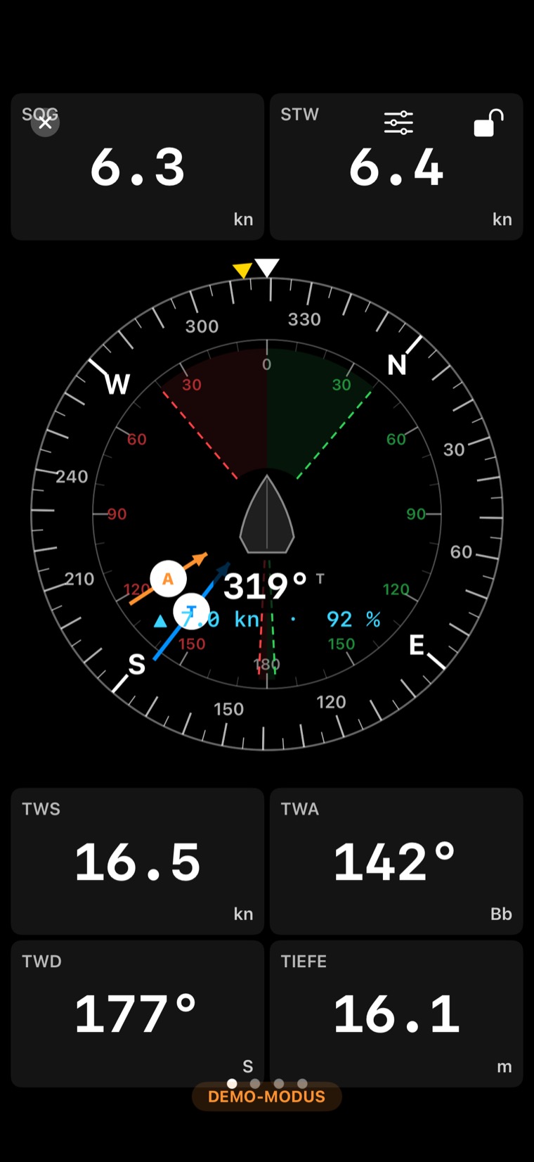 Pro-Dashboard mit SOG, STW, Segelkompass sowie TWS, TWA, TWD und Tiefe