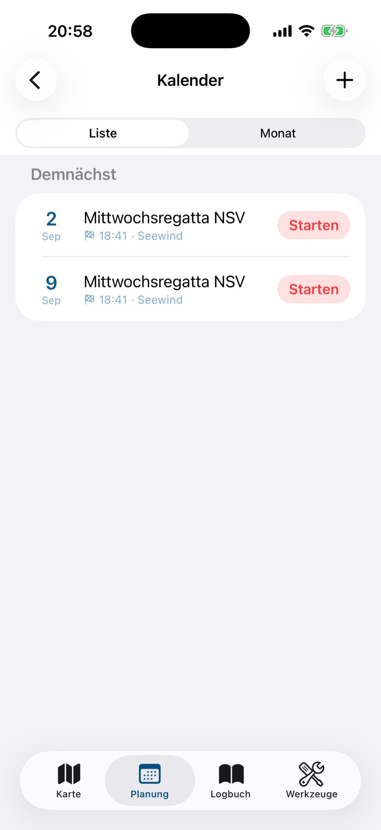 Kalender-Liste mit den Serien-Terminen der Mittwochsregatta NSV am 2. und 9. September und Starten-Knöpfen
