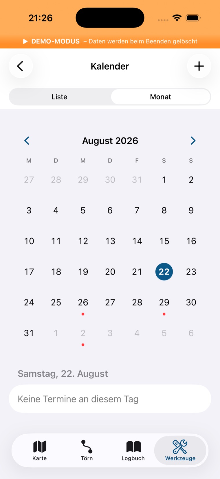 Kalender in der Monatsansicht mit Segment Liste/Monat, Monatsraster und Tagesliste