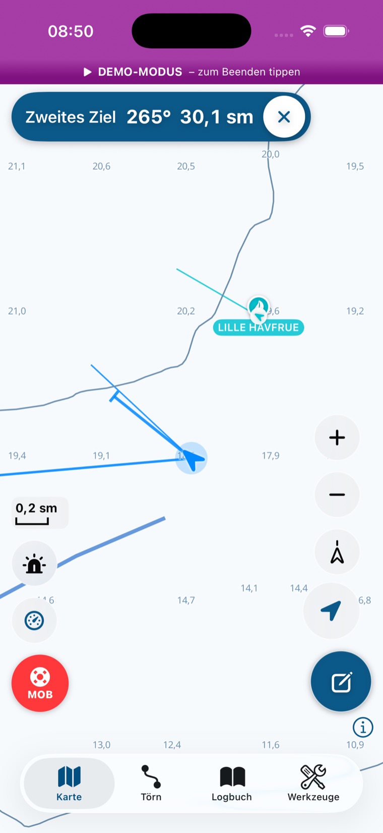 Hauptkarte im Demo-Modus bei Zoom 12 mit Maßstab, COG-Vektor mit Querstrich und Heading-Linie