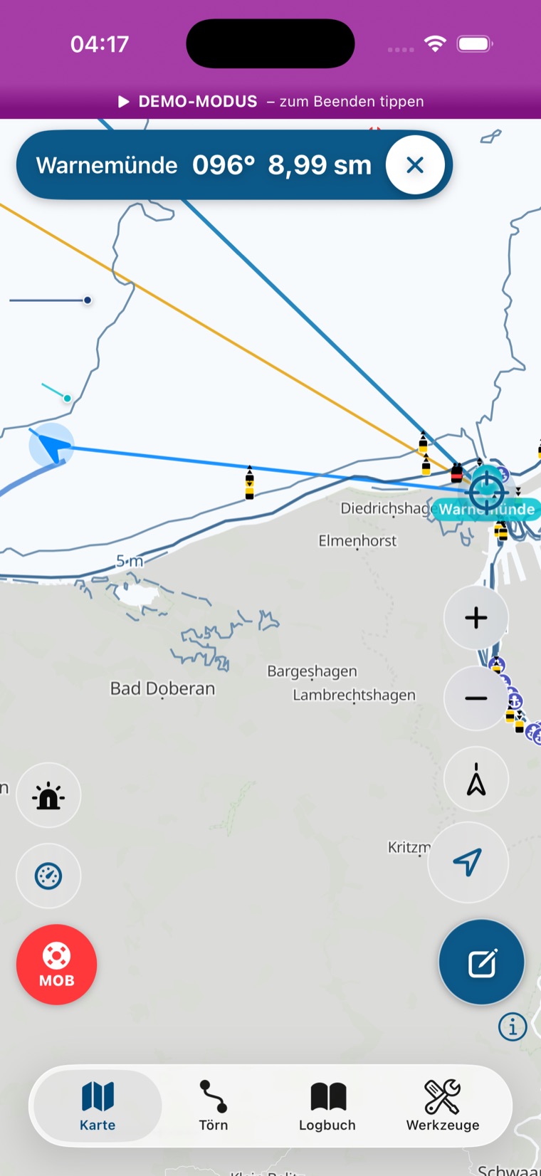 Hauptkarte im Demo-Modus bei laufendem Törn mit Go-To-Zeile nach Warnemünde
