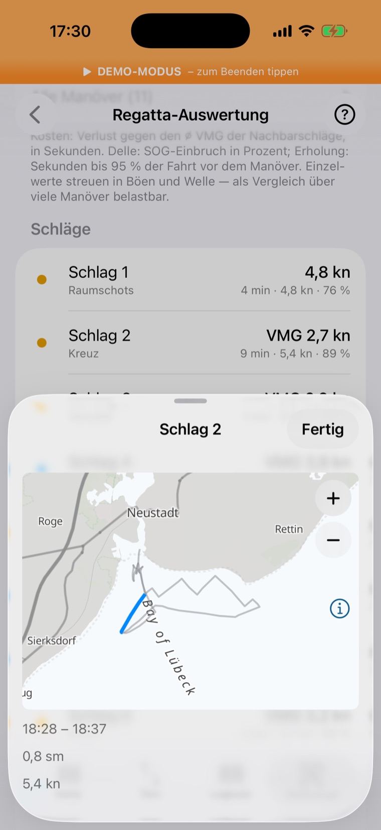Kartenbild eines Schlags: ganzer Track grau, der gewählte Schlag blau hervorgehoben