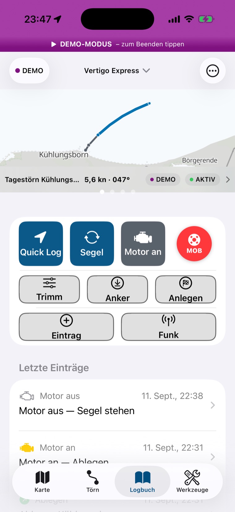 Logbuch-Tab bei laufendem Törn: randlose Karte, drei große Griffe mit MOB, darunter die ruhige Reihe, Letzte Einträge