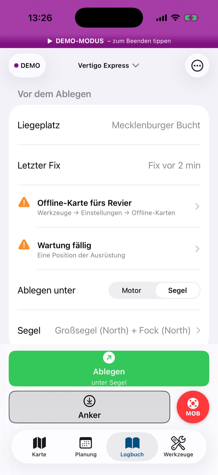 Logbuch ohne offenen Törn: Checkliste „Vor dem Ablegen“, darunter Ablegen, Anker und MOB