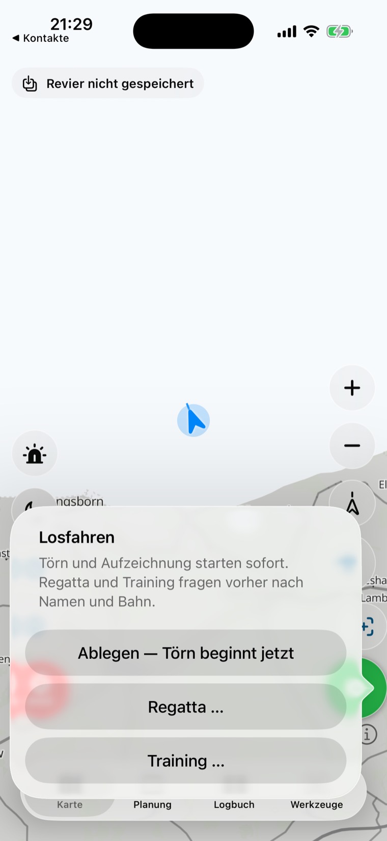 Losfahren-Menü auf der Karte