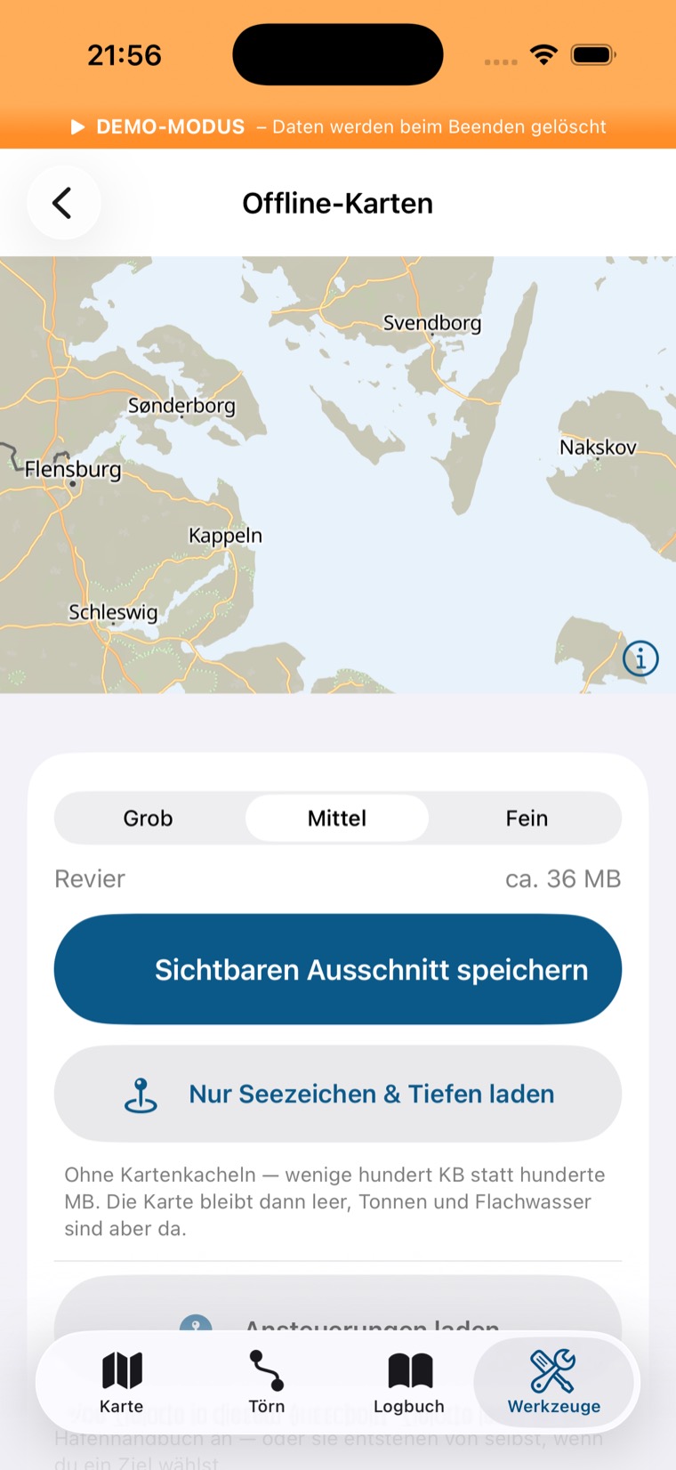 Offline-Karten mit Ausschnitt, Detailgrad und Speichern-Knopf