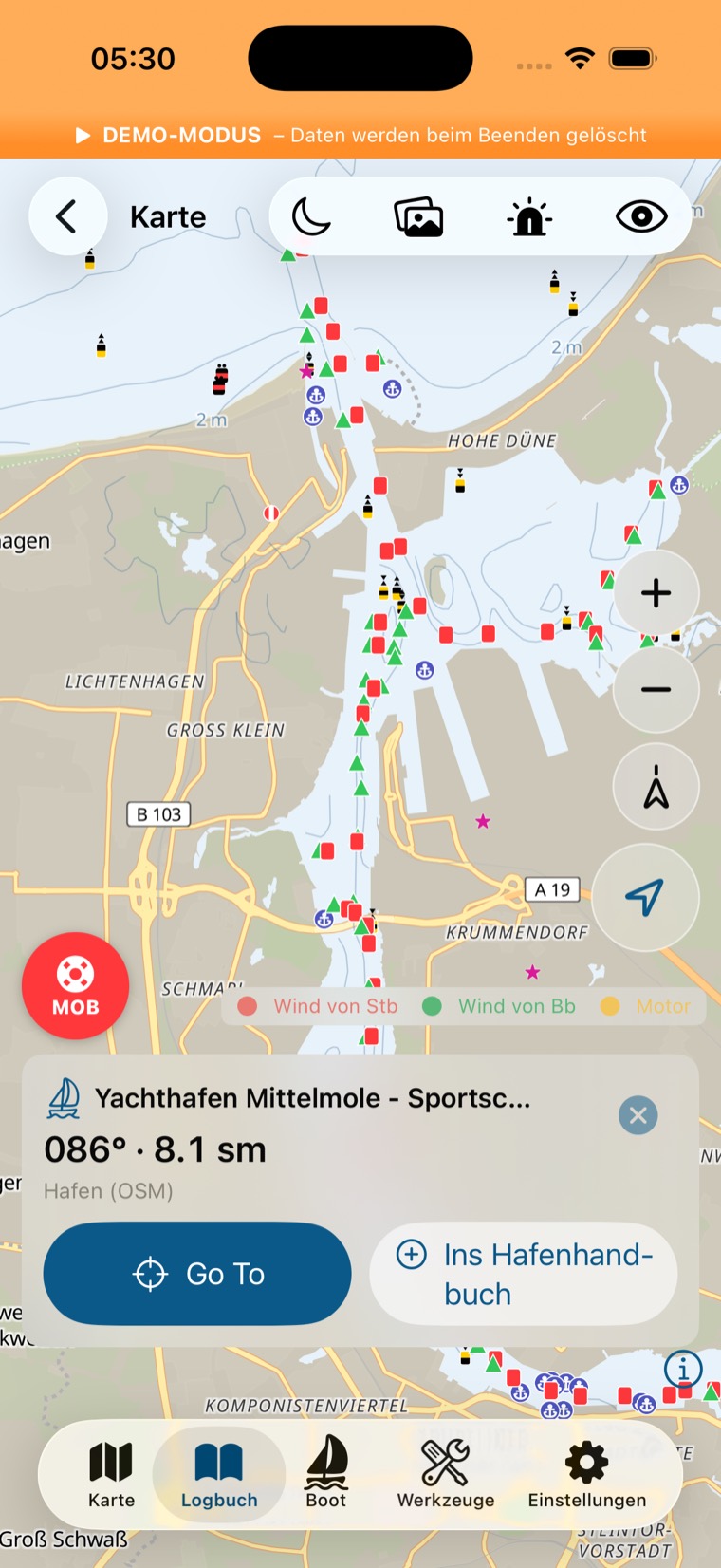 Karte mit angetipptem OSM-Hafen: Datenkarte mit Name, Peilung, Distanz, Go To und Ins Hafenhandbuch