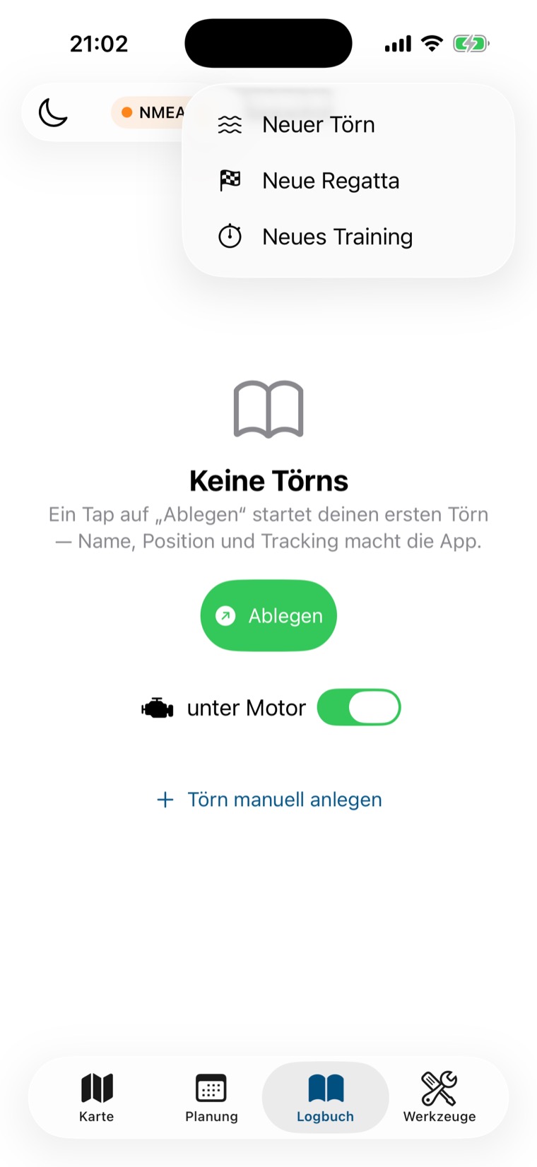 Plus-Menü im leeren Logbuch mit Neuer Törn, Neue Regatta, Neues Training