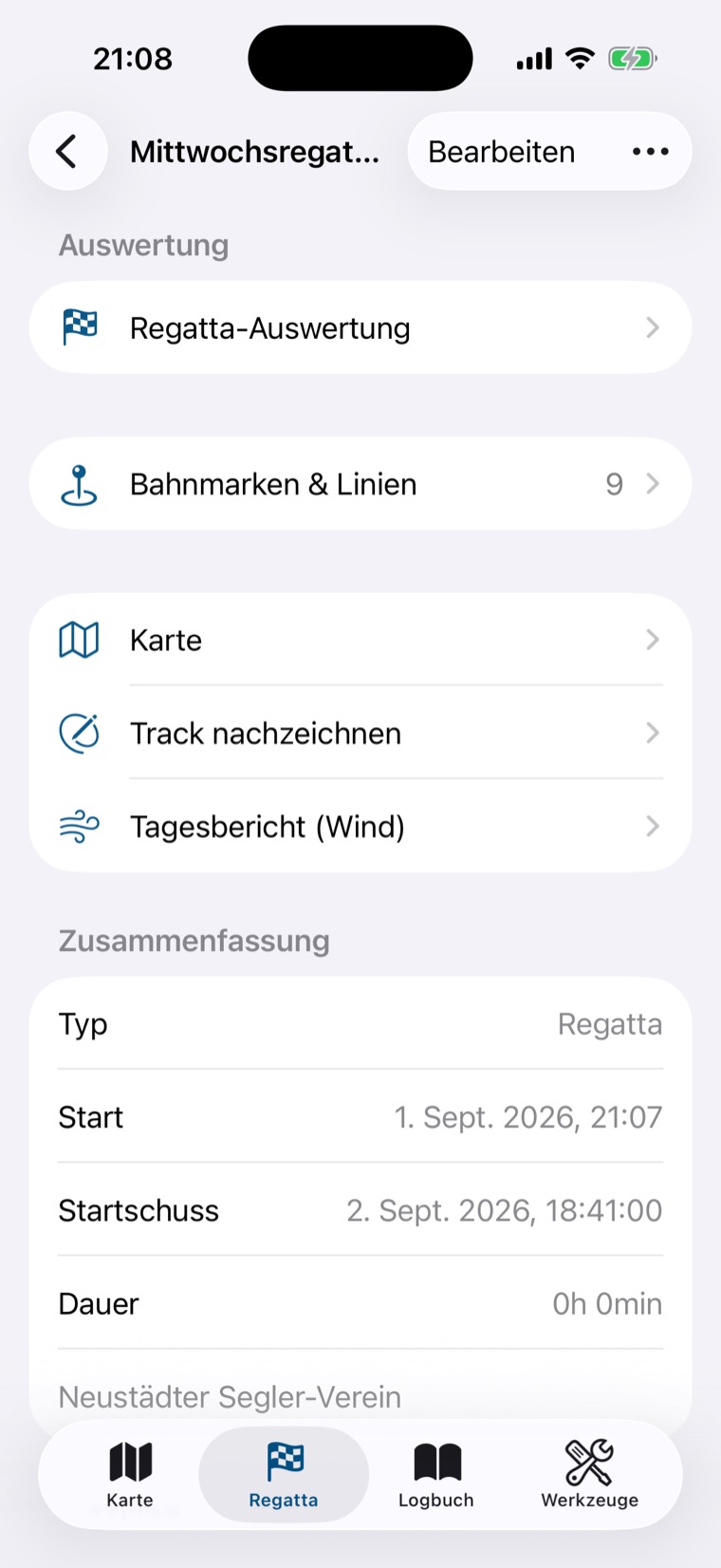Regatta-Detail mit Regatta-Auswertung, Bahnmarken & Linien und Zusammenfassung mit Startschuss 18:41:00