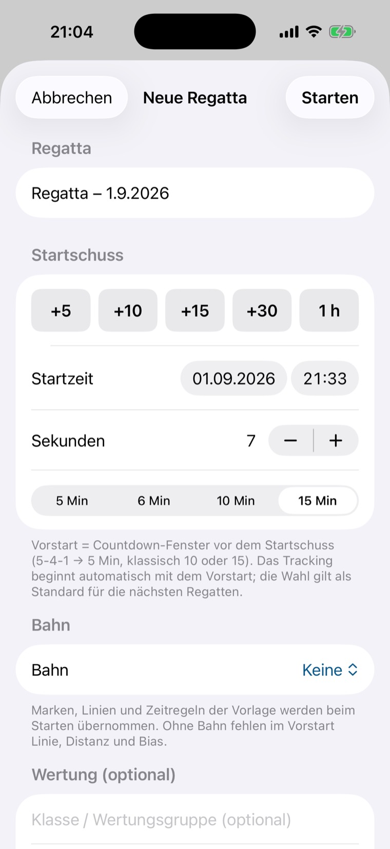 Formular Neue Regatta mit Startschuss, Sekundenfeld, Vorstart-Dauer und Bahn-Zeile