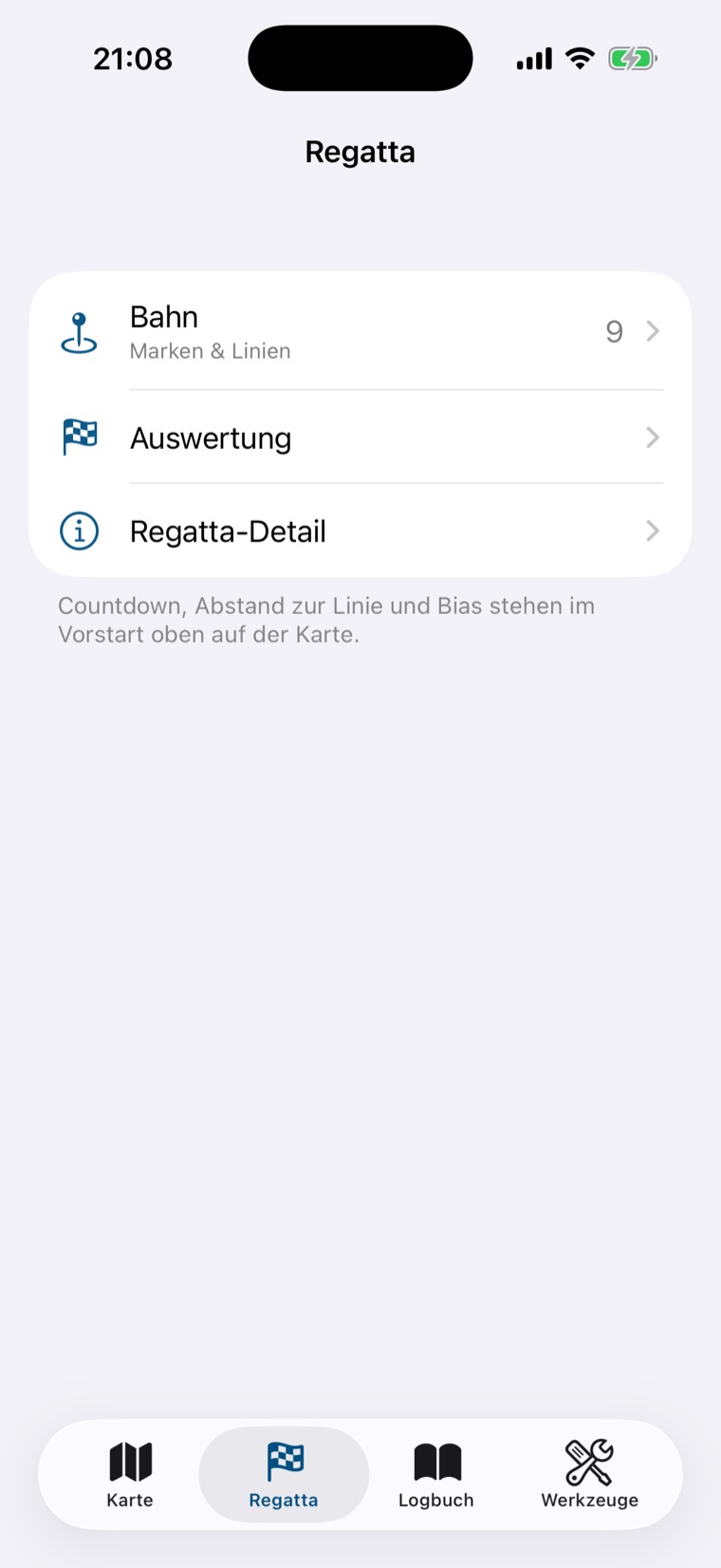 Kontext-Tab Regatta mit den Zeilen Bahn, Auswertung und Regatta-Detail
