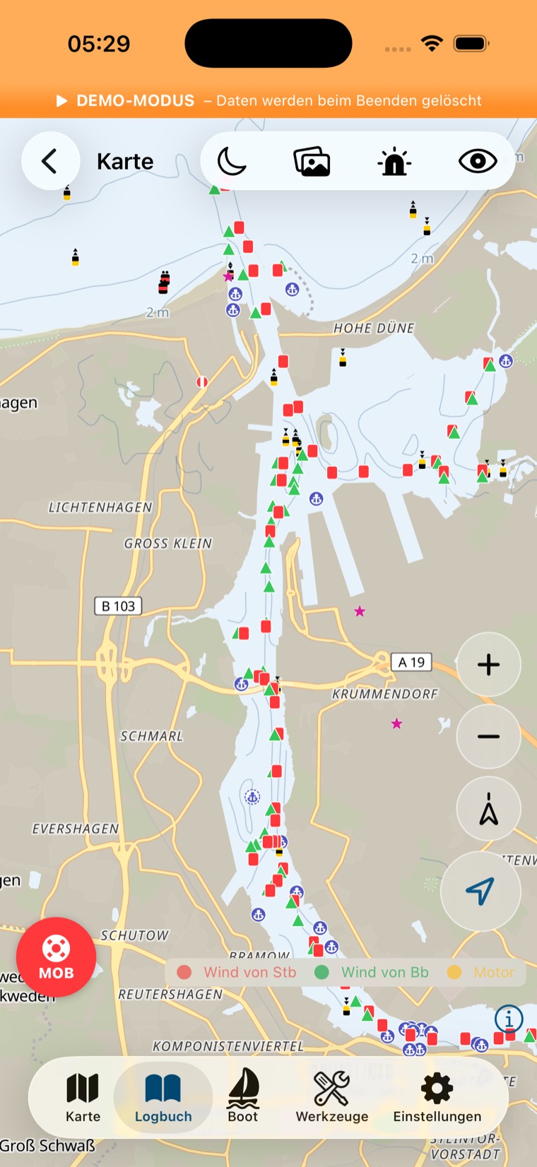 Seezeichen und Häfen im Fahrwasser von Warnemünde