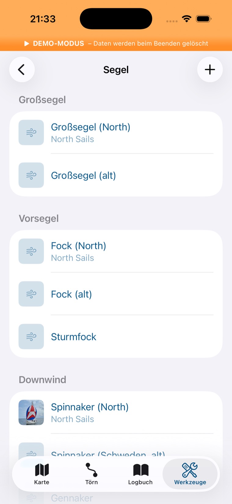 Segel-Seite mit Gruppen Großsegel, Vorsegel und Downwind
