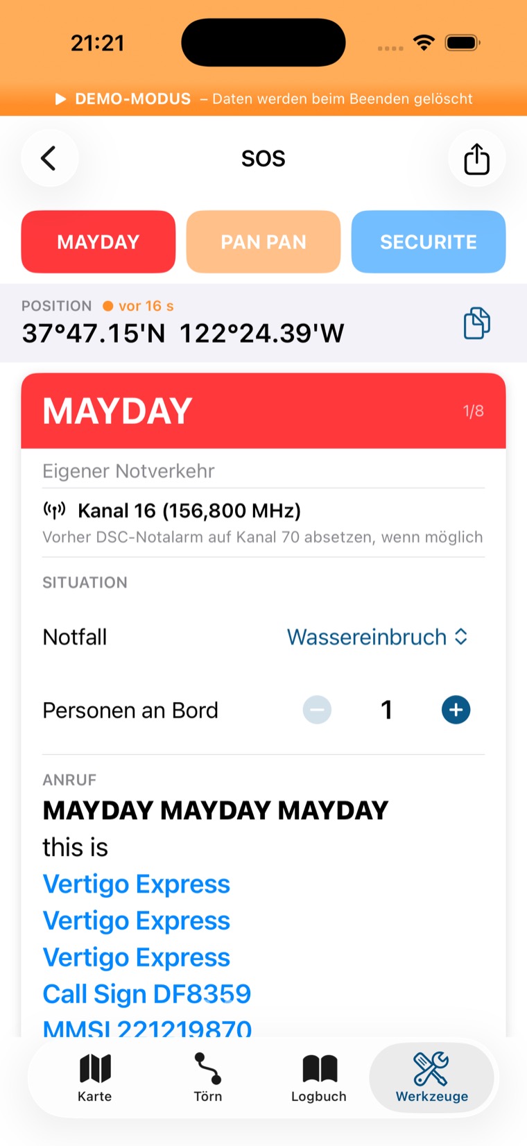 SOS-Sprechfunktafel mit Chip-Reihe, Position und MAYDAY-Karte