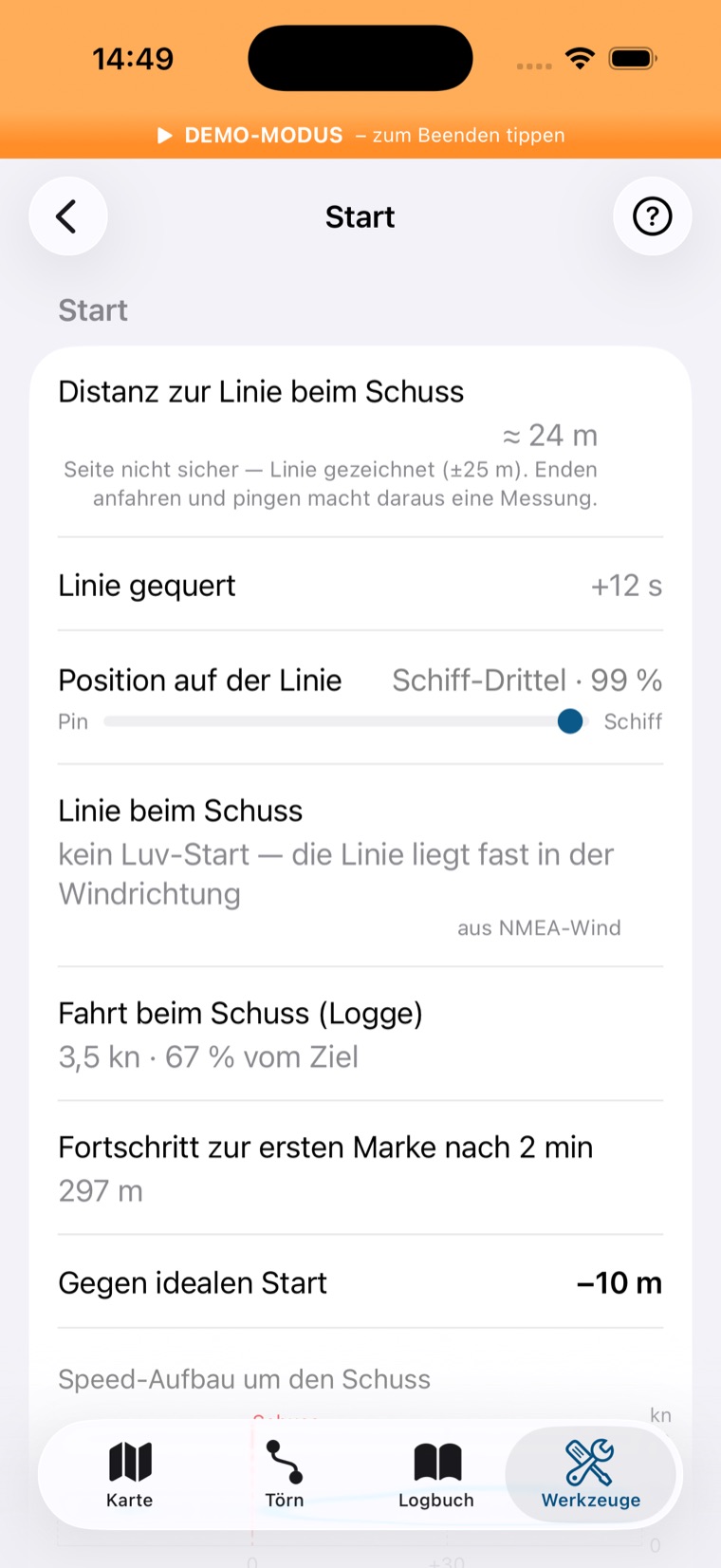Kapitel Start: Abstand und Verzug beim Schuss, Position auf der Linie, Linien-Bias und Rückstand gegen den idealen Start