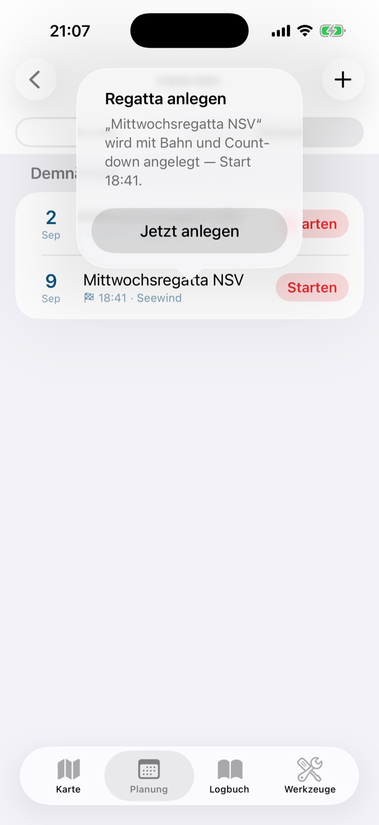 Rückfrage Regatta anlegen über der Kalender-Liste mit Knopf Jetzt anlegen
