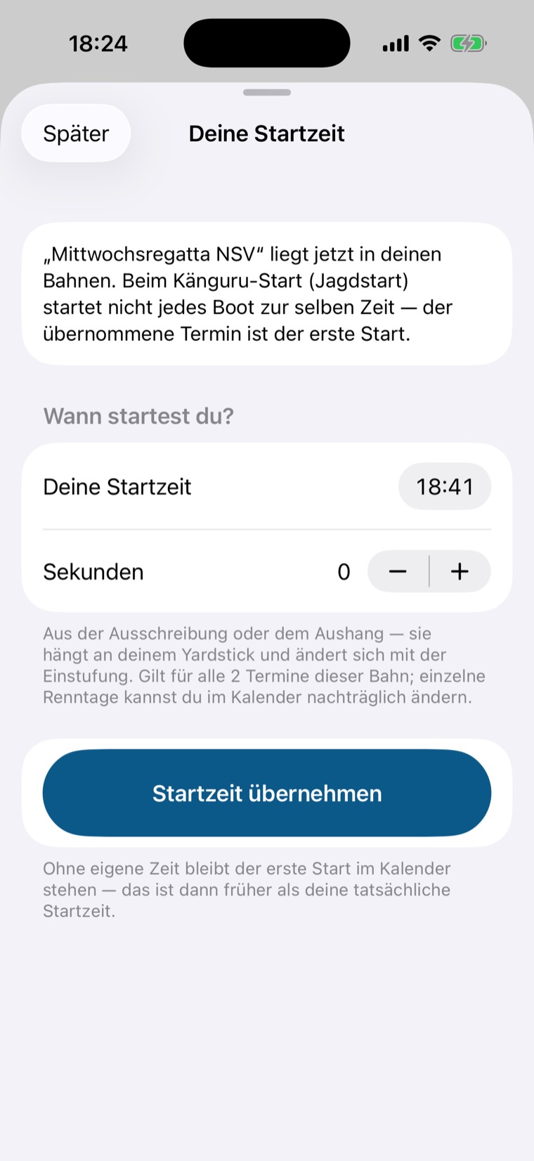 Blatt Deine Startzeit mit 18:41, Sekunden 0 und Knopf Startzeit übernehmen