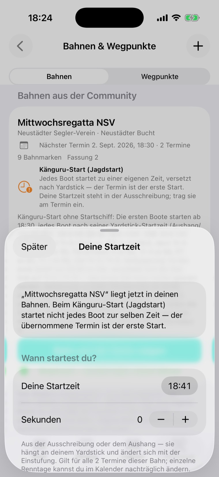 Dialog Deine Startzeit über der Community-Bahn Mittwochsregatta NSV mit Känguru-Start
