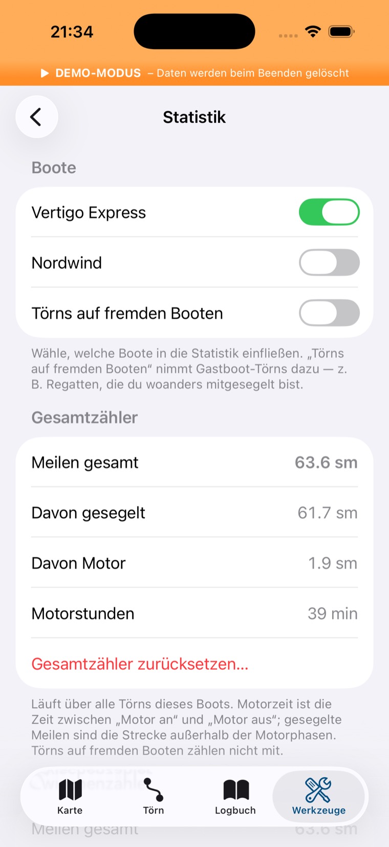 Statistik mit Boot-Filter und Gesamtzähler