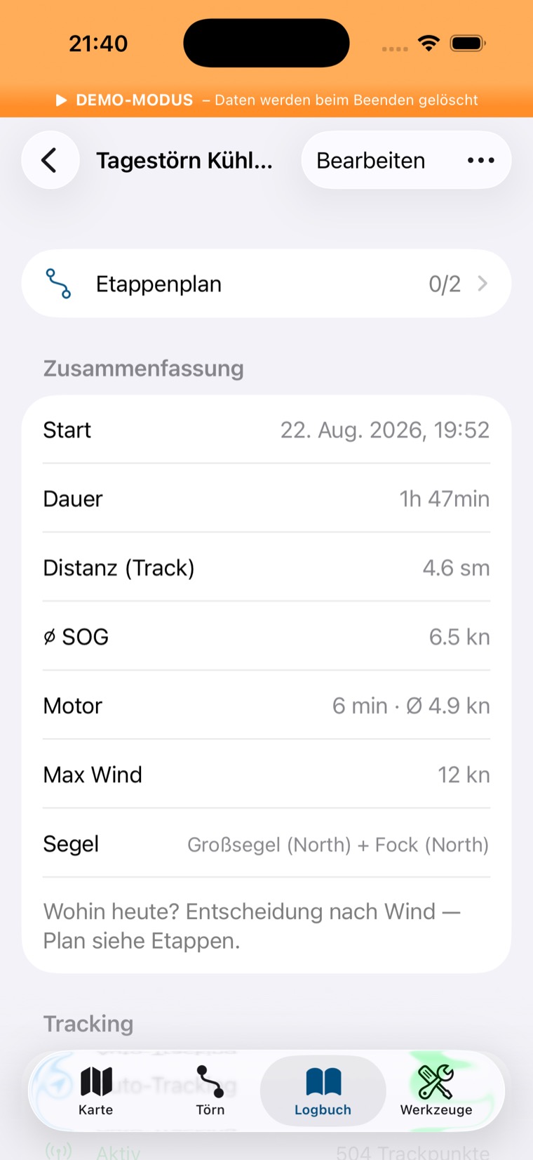 Törn-Detail: Bearbeiten-Knopf, Etappenplan-Zeile und Zusammenfassung mit Start, Dauer, Distanz, Ø SOG, Motor, Max Wind, Segel