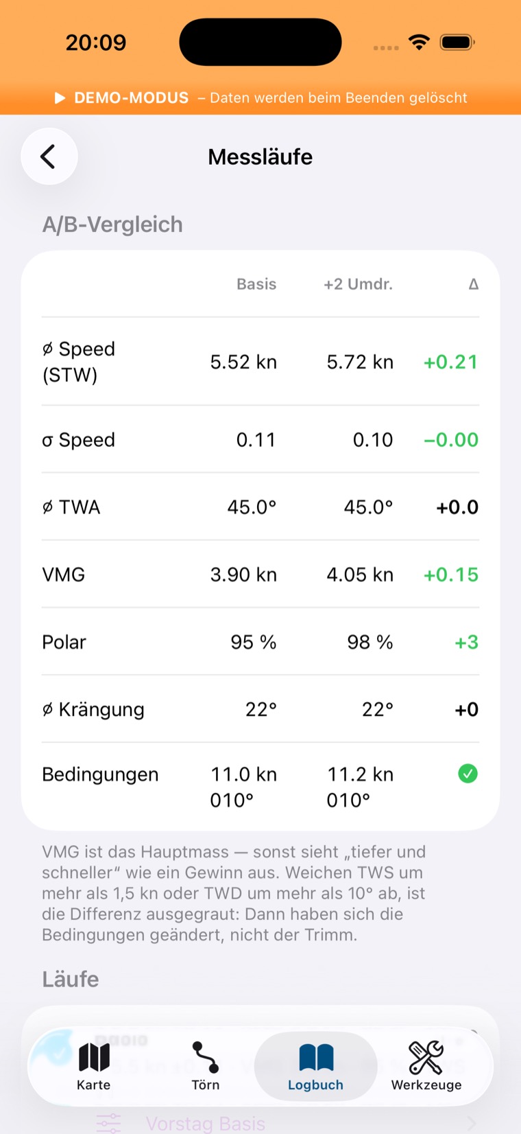 Messläufe: A/B-Vergleich zweier Läufe mit Differenzspalte und Bedingungs-Check