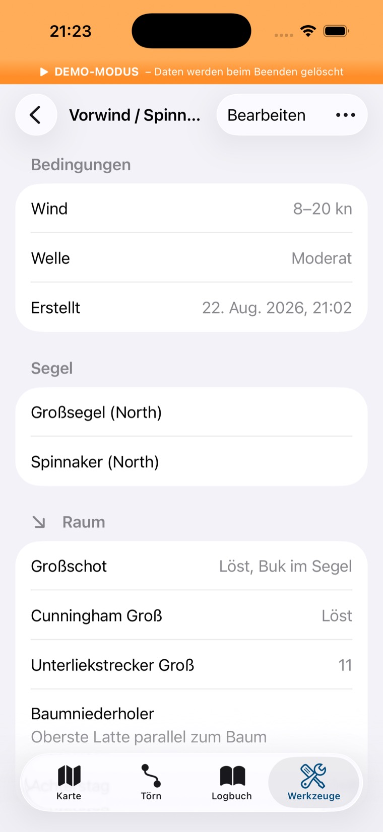 Trimm-Detail mit Bedingungen, Segeln und Trimmwerten je Kursabschnitt
