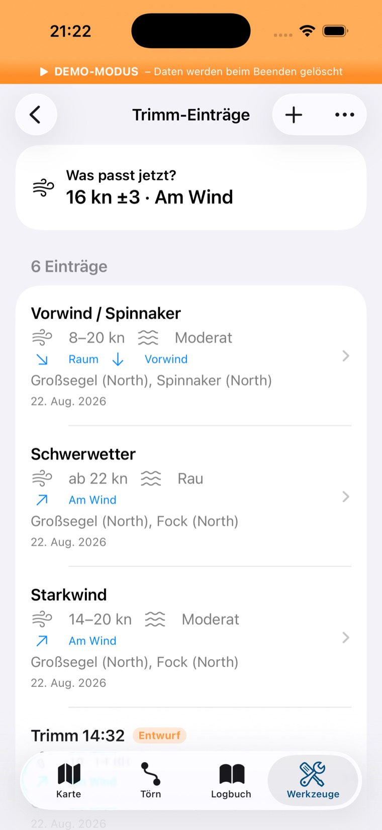Trimm-Liste mit Chip Was passt jetzt, Einträgen und einem Entwurf
