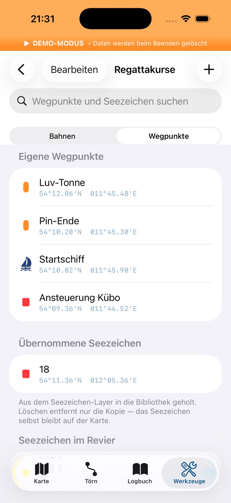 Wegpunkt-Bibliothek mit eigenen Wegpunkten, übernommenen Seezeichen und Seezeichen im Revier