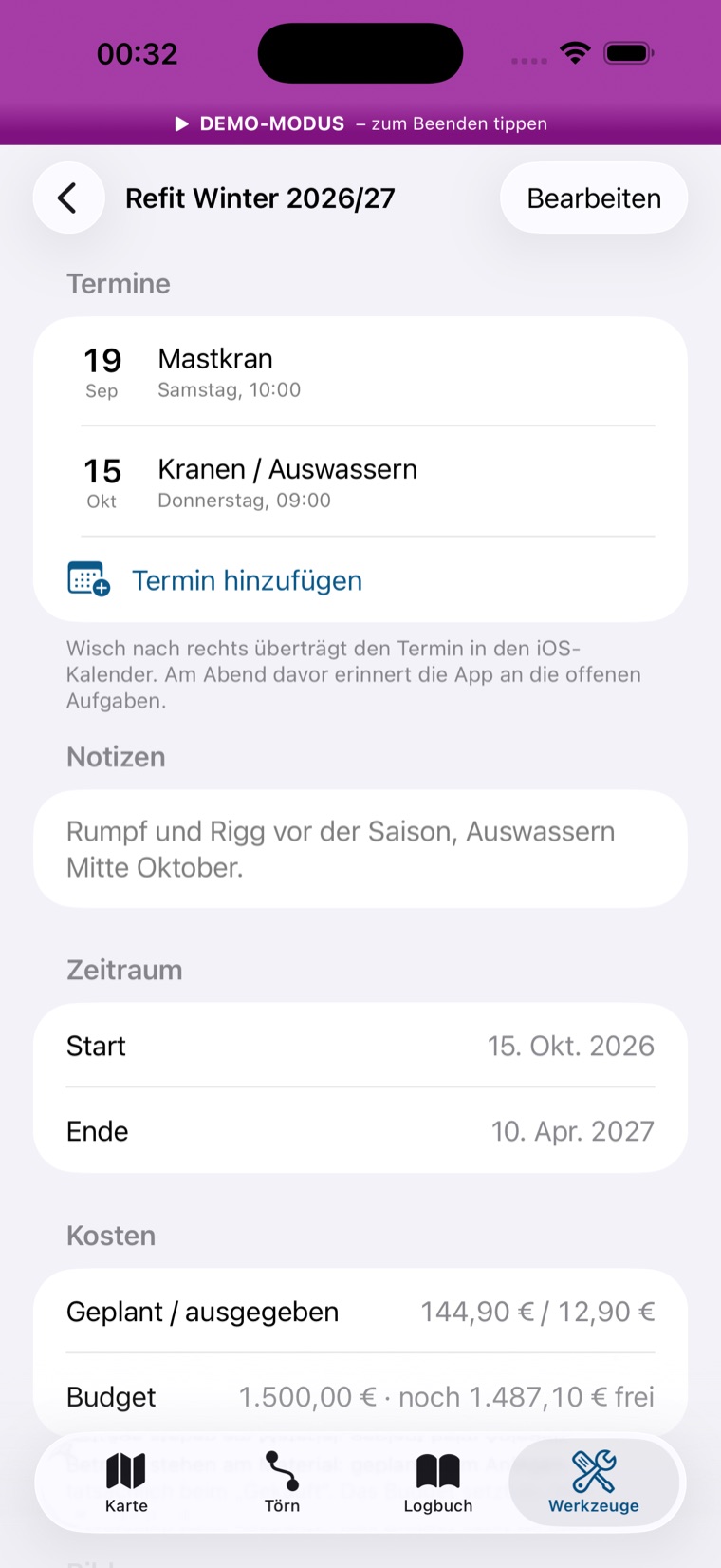 Projektkopf mit Terminen, Notizen, Zeitraum und Kosten