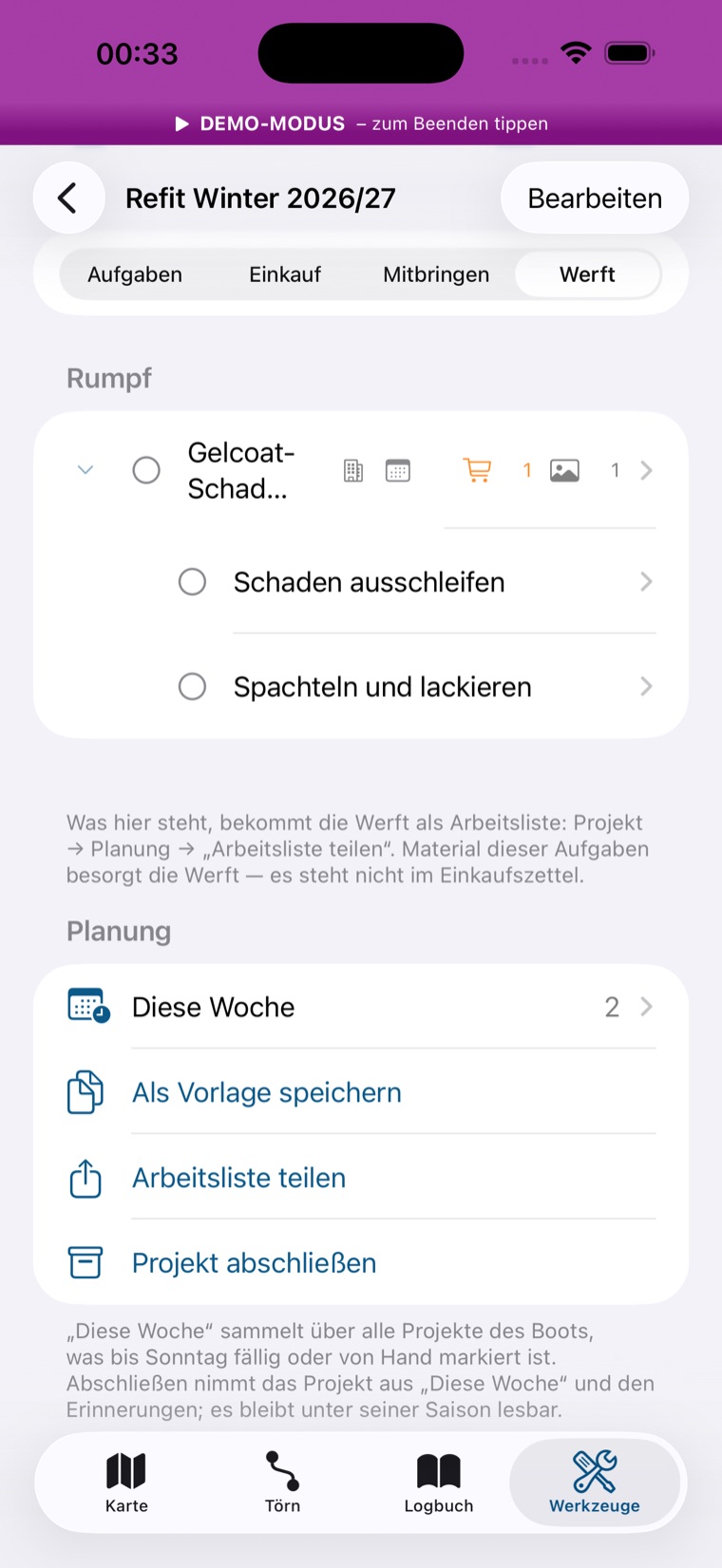 Werft-Sicht mit einer Werftaufgabe und dem Abschnitt Planung