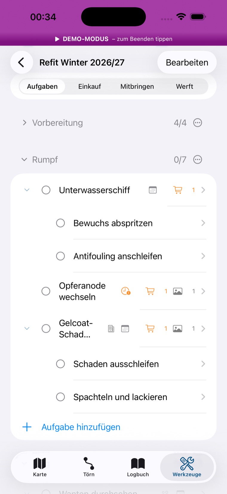 Werkstatt-Projekt mit Kategorien, Fortschritt, Werft-Symbol und Einkaufswagen-Zähler