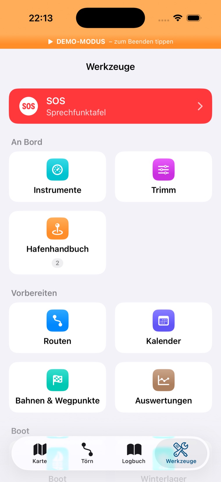 Werkzeuge-Tab mit SOS-Banner und Kachelgruppen